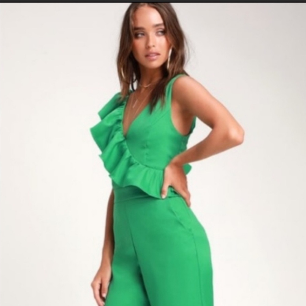 Lulu's Sure to be Seen Green Ruffled Jumpsuit
